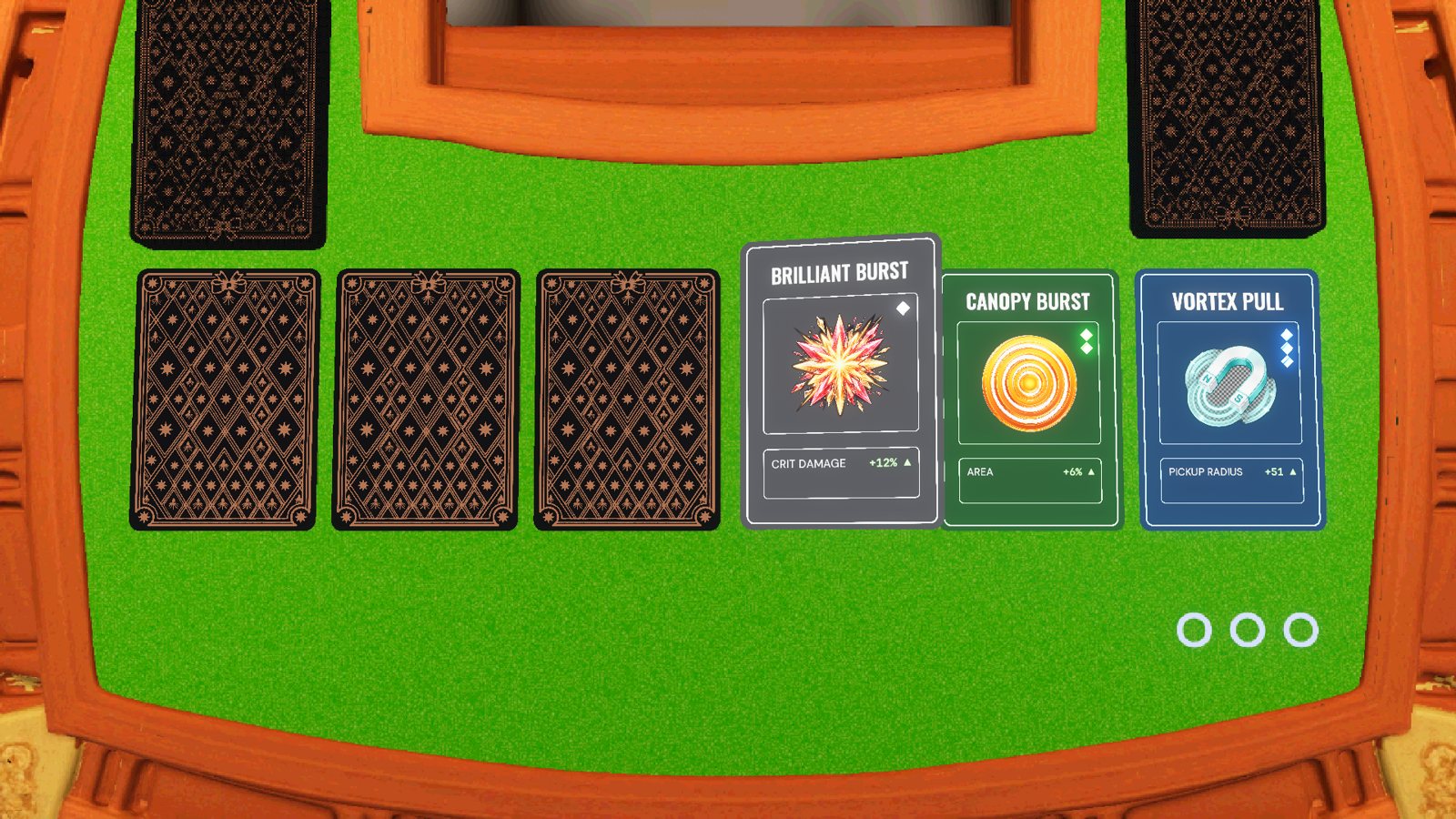 Upgrade cards laid out on a green card table